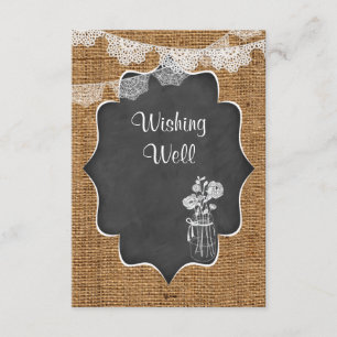 Wishing Well Mason Jar, Lace, Burlap, Chalkboard Enclosure Card