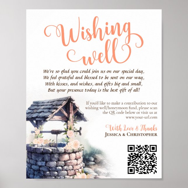 Wishing Well QR Code Coral Peach Roses Wedding Poster (Front)