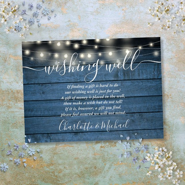 Wishing Well Rustic Blue String Lights Wedding Enclosure Card (Wishing Well Rustic Blue String Lights Wedding Enclosure Card)