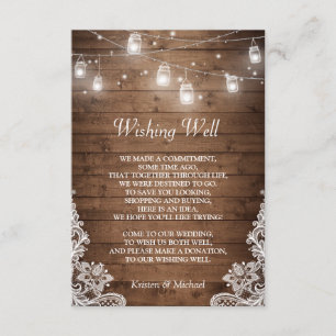 Wishing Well   Rustic Wood Mason Jar Lights Lace Enclosure Card