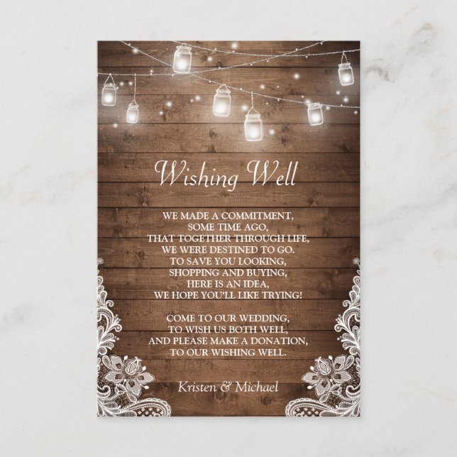 Wishing Well | Rustic Wood Mason Jar Lights Lace Enclosure Card (Front)