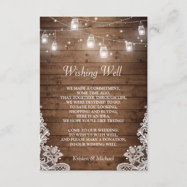 Wishing Well | Rustic Wood Mason Jar Lights Lace Enclosure Card | Zazzle