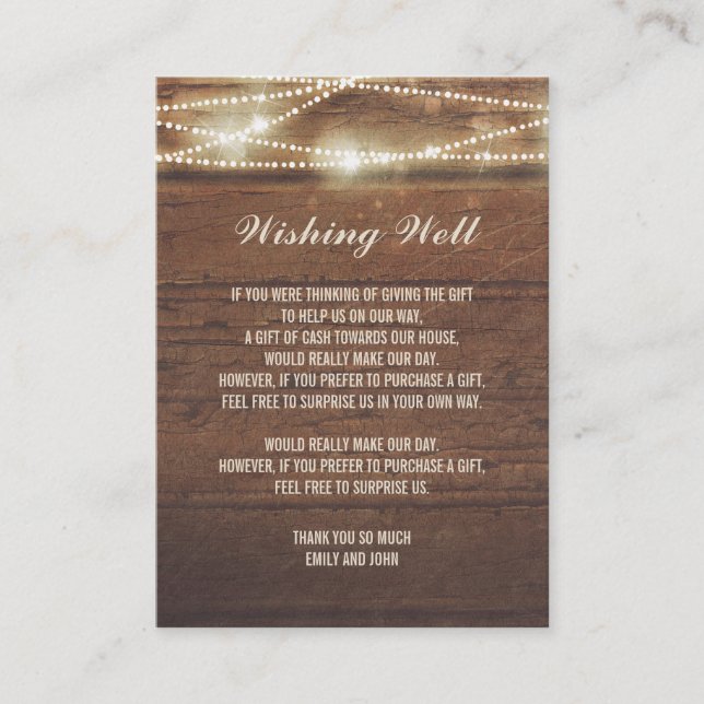 Wishing Well String Lights Barn Wood Wedding Enclosure Card (Front)