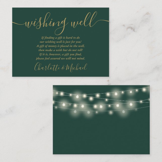 Wishing Well String Lights Green And Gold Wedding Enclosure Card (Front/Back)