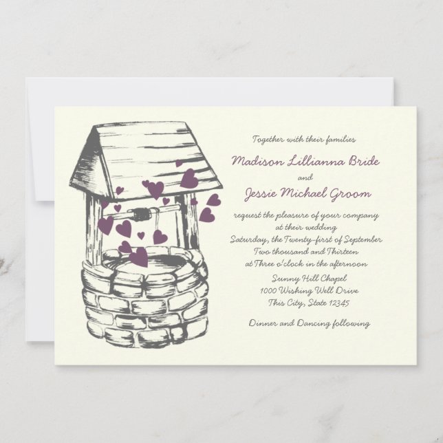 Wishing Well Wedding Plum Hearts Invitation (Front)