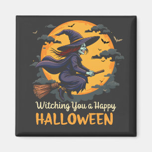 Wishing You a Happy Halloween Witch on Broomstick Magnet