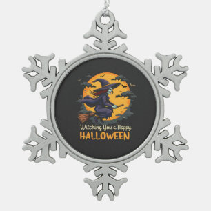 Wishing You a Happy Halloween Witch on Broomstick Snowflake Pewter Christmas Ornament