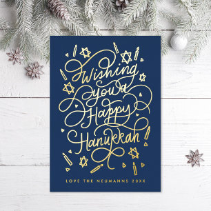Wishing you a happy hanukkah handlettering foil holiday card