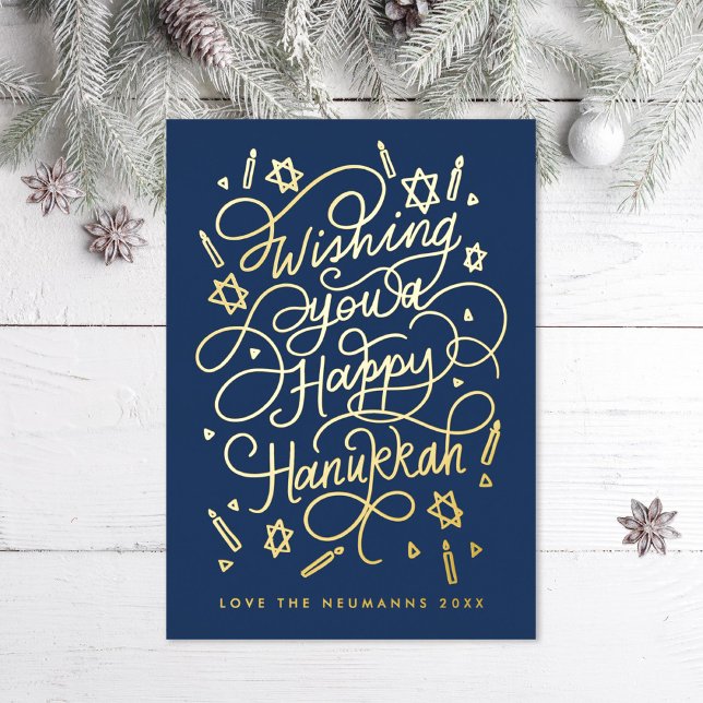 Wishing you a happy hanukkah handlettering foil holiday card (Creator Uploaded)