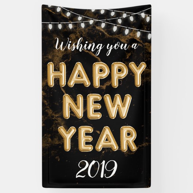 Wishing You A Happy New Year Gold Black Lights Banner (Vertical)