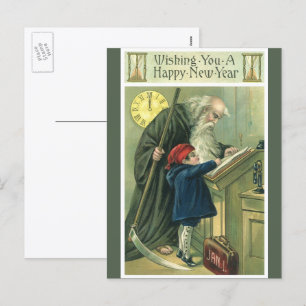 Wishing You a Happy New Year, Vintage Father Time  Holiday Postcard