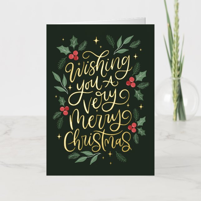 Wishing You A Merry Chirstmas Hand-lettered Foil Greeting Card (Front)