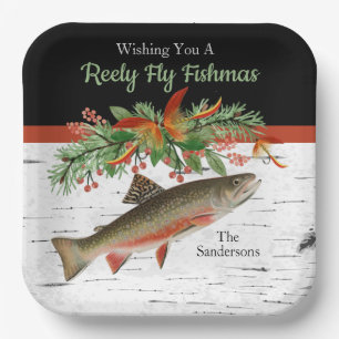 Wishing You a Reely Fly Fishmas, Trout Christmas  Paper Plate