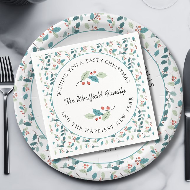 Wishing You a Tasty Christmas Holiday Party Napkin (Wishing You a Tasty Christmas Holly and Red Berries Paper Napkin)
