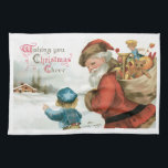Wishing You Christmas Cheer by Ellen Clapsaddle Tea Towel<br><div class="desc">Vintage illustration Victorian Christmas holiday design featuring an old world Santa Claus carrying a bag of toys standing next to a young boy.</div>