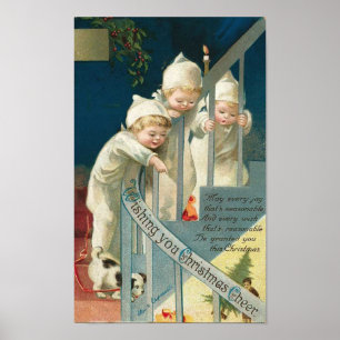Wishing You Christmas Cheer Kids, Dog on Stairwell Poster