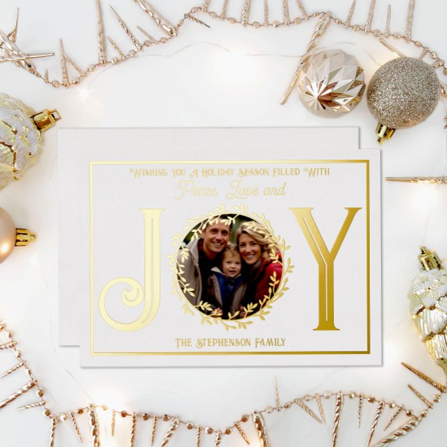 Wishing You Holiday Season Peace Love and Joy ("Wishing You A Season ... Peace Love and Joy" Gold Foil Photo White Christmas Holiday Flat Card )