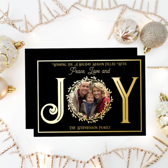 Wishing You Holiday Season Peace Love and Joy ("Wishing You A Holiday Season ... Peace Love and Joy" Gold Foil Photo Black Christmas Holiday Card)