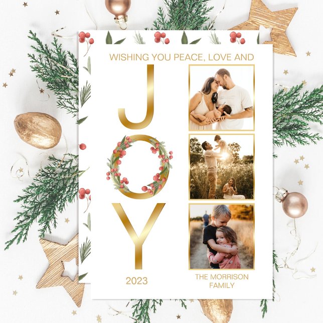 Wishing You Peace Love and Joy 3 Photo Christmas Holiday Card (Faux gold foil "Wishing You Peace, Love and JOY" Christmas Holiday Three-Photo Card--downloadable)