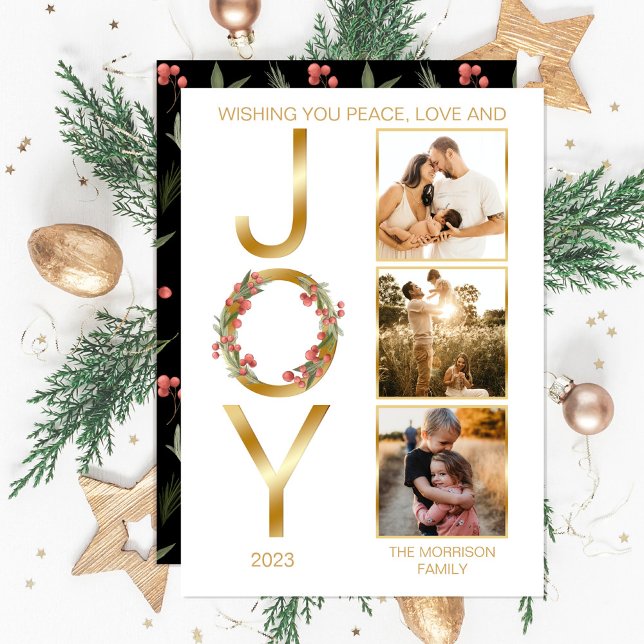 Wishing You Peace Love and Joy 3 Photo Christmas Holiday Card (Faux gold foil "Wishing You Peace, Love and JOY" Christmas Holiday Three-Photo Card--downloadable)