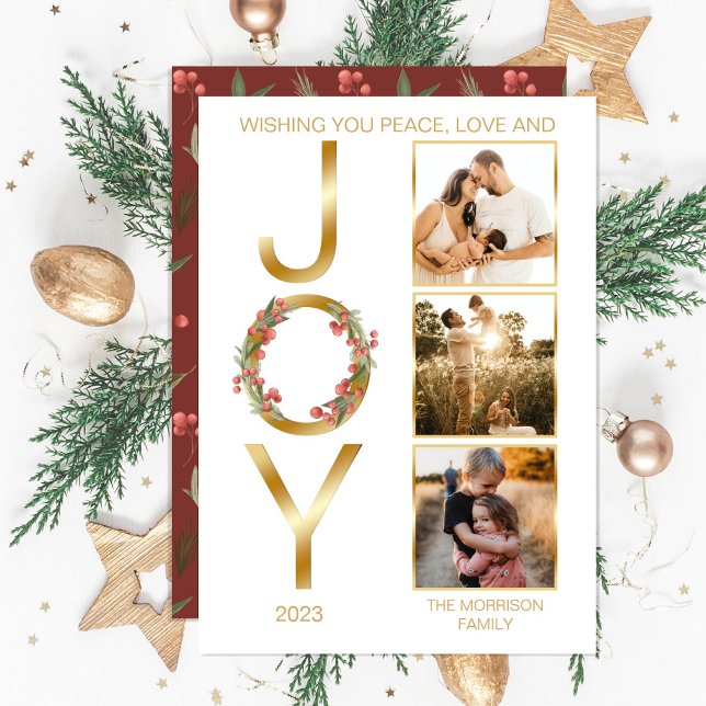 Wishing You Peace Love and Joy 3 Photo Christmas Holiday Card (Faux gold foil "Wishing You Peace, Love and JOY" Christmas Holiday Three-Photo Card - downloadable.)