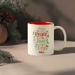 Wishing you Peace Love Joy Your Name Christmas Two-Tone Coffee Mug