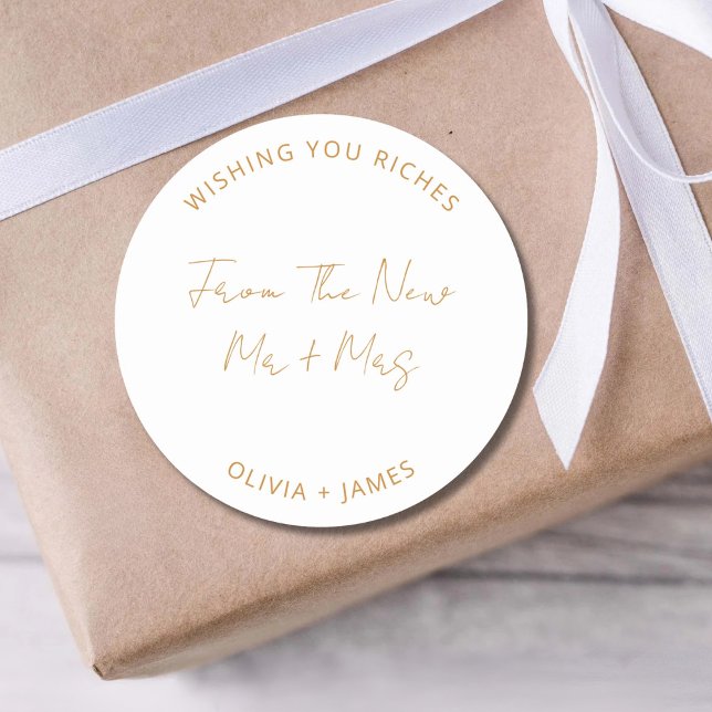 Wishing You Riches From The New Mr Mrs Wedding Bag Classic Round Sticker (Creator Uploaded)