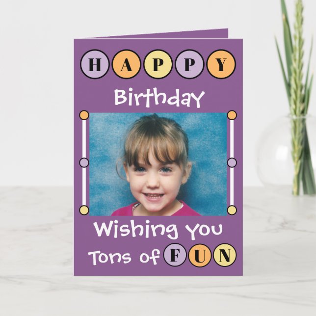 Wishing you tons of fun purple kids photo birthday card (Front)