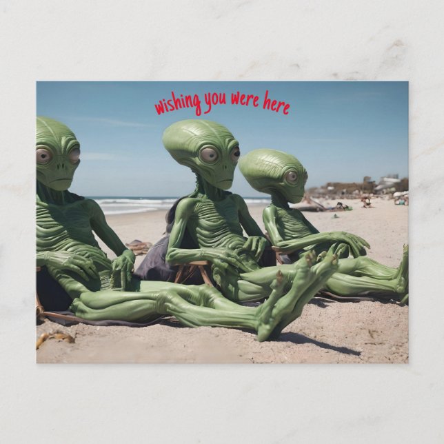 wishing you were here aliens on beach postcard (Front)