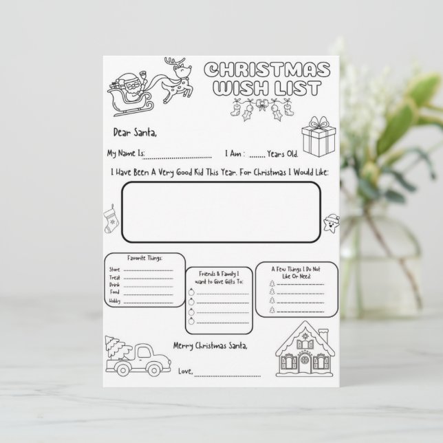 Wishlist Letter to Santa Colouring Activity Invitation (Standing Front)