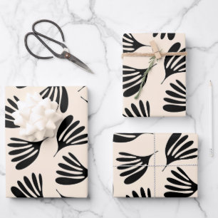 Wisp Leaves Contemporary Pattern Black and Cream Wrapping Paper Sheet