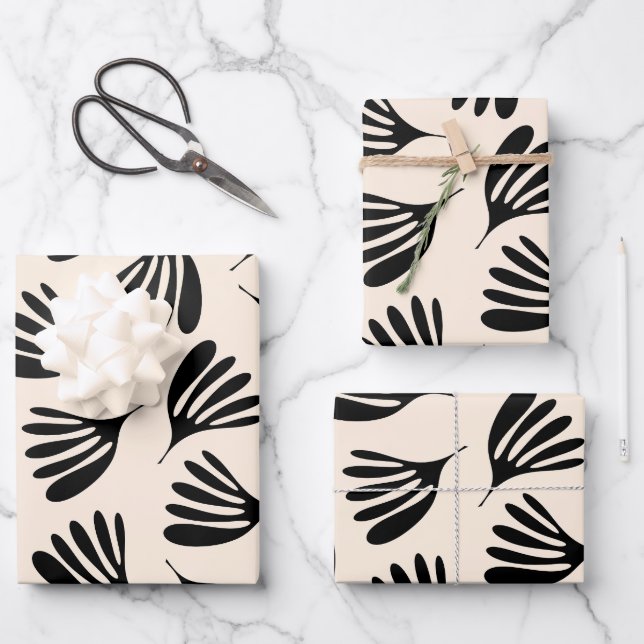 Wisp Leaves Contemporary Pattern Black and Cream Wrapping Paper Sheet (Front)