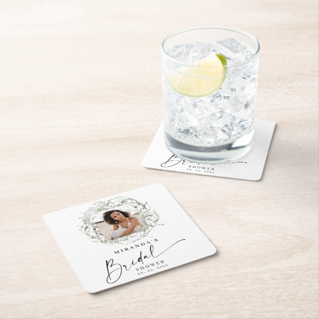 Wisps of Eucalyptus Greenery Photo Bridal Shower  Square Paper Coaster (Insitu)