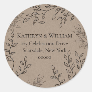 Wispy Black Floral Outlines Kraft Return Address Classic Round Sticker