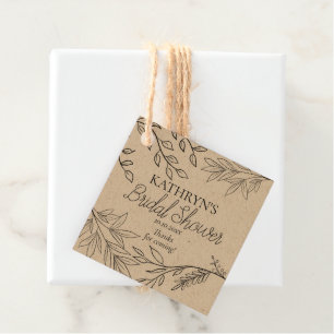 Wispy Black Floral Outlines on Kraft Bridal Shower Favour Tags