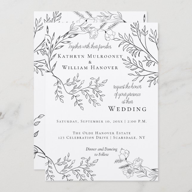 Wispy Black Floral Outlines on Kraft Wedding Invitation (Front/Back)