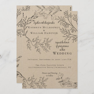 Wispy Black Floral Outlines on Kraft Wedding Invitation