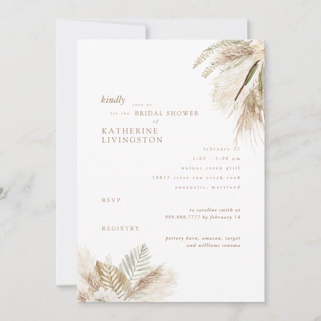 Wispy Boho Pampas White Bridal Shower Invitation (Front)