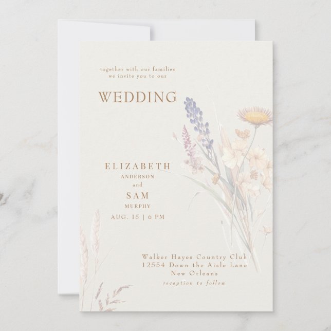 Wispy Botanical Floral Cream Together with Wedding Invitation (Front)