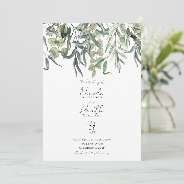 Wispy Eucalyptus Bunch Floral Greenery Wedding   Invitation (Standing Front)