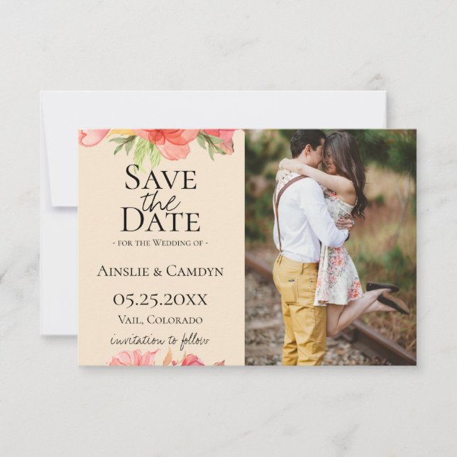 Wispy Floral Photo Save The Date Announcement (Front)