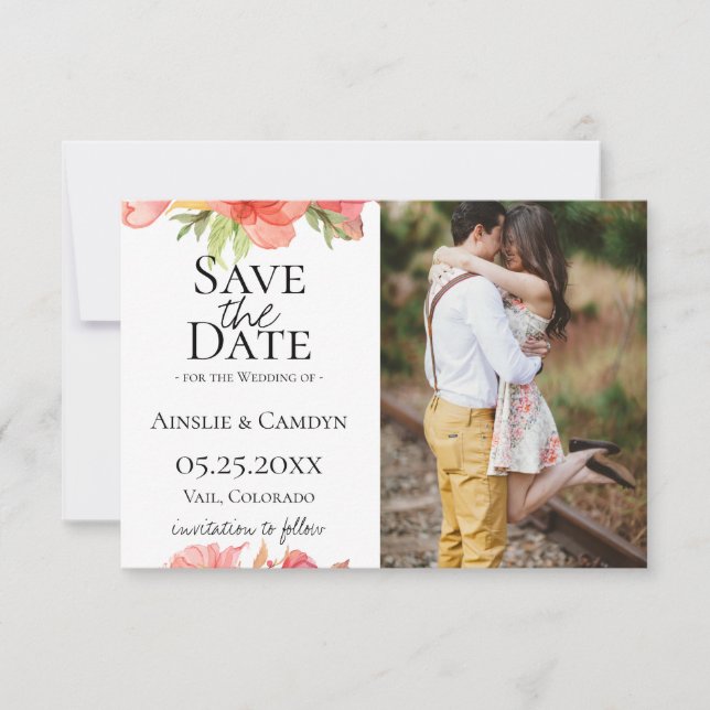 Wispy Floral Photo Save The Date Announcement (Front)