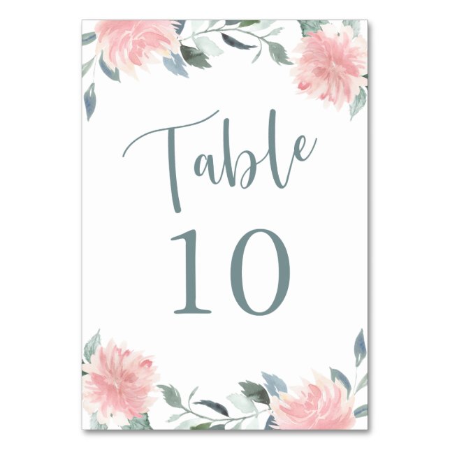 Wispy Floral Pink and Teal Botanical Table Number (Front)