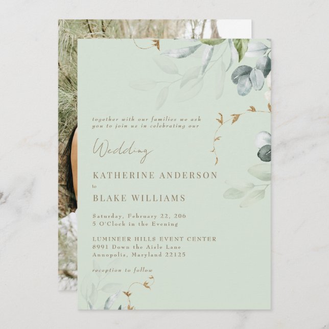 Wispy Foliage Light Sage Photo Wedding Invitation (Front/Back)