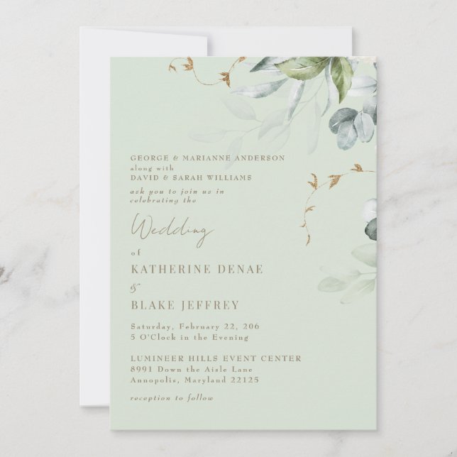 Wispy Foliage Light Sage Wedding Invitation II (Front)