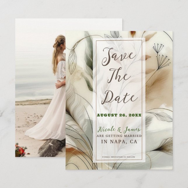 Wispy Greenery Modern Botanical Boho Save the Date Invitation (Front/Back)