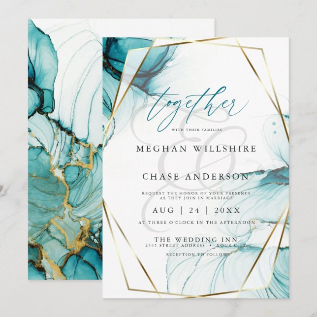 Wispy Teal Alcohol Ink Watercolor Wedding  Invitation (Front/Back)