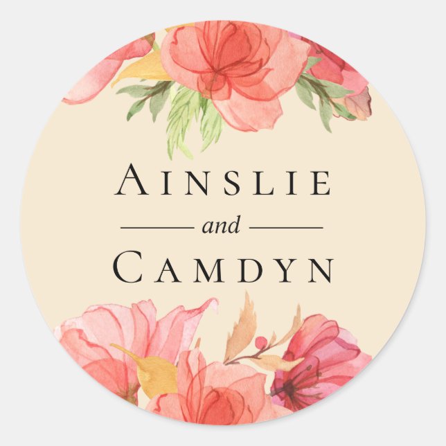 Wispy Watercolor Floral Champagne Classic Round Sticker (Front)