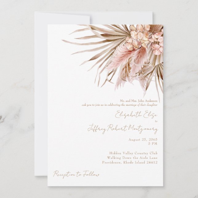 Wispy Watercolor Pampas Blush Wedding Invitation (Front)