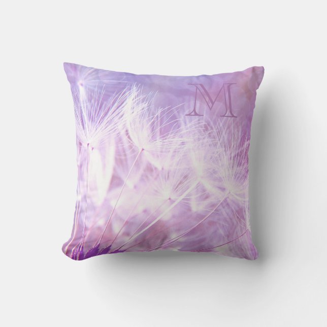 Wispy White Fluffs Purple Initial Throw Pillow (Front)